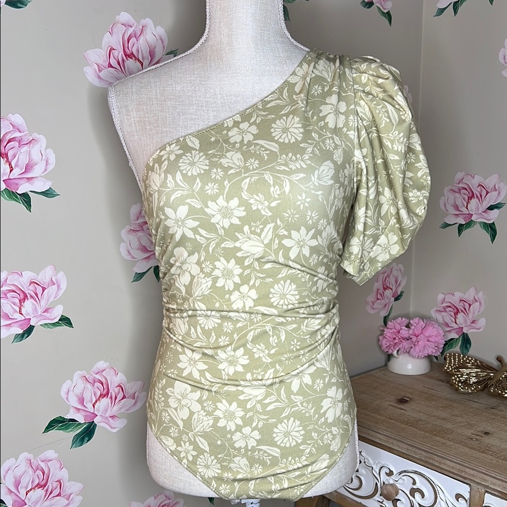 Free People Intimately Floral One-Shoulder Top in Green.   AA-2